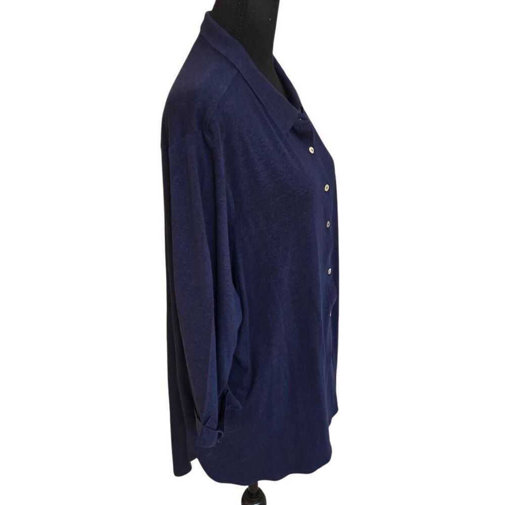 Tahari Womens Linen Blend Button Front 3/4 Sleeve Blouse Top Navy Blue Size 2X - Picture 5 of 11